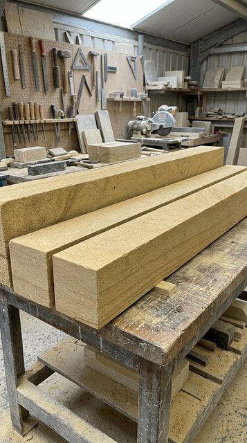 Handcrafted gritstone beams arriving at the Carl Finnell workshop