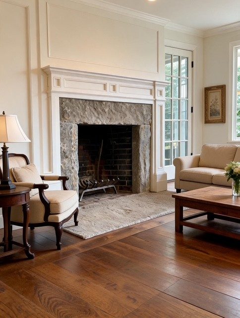Stone header on two stone uprights with a timber fireplace surround