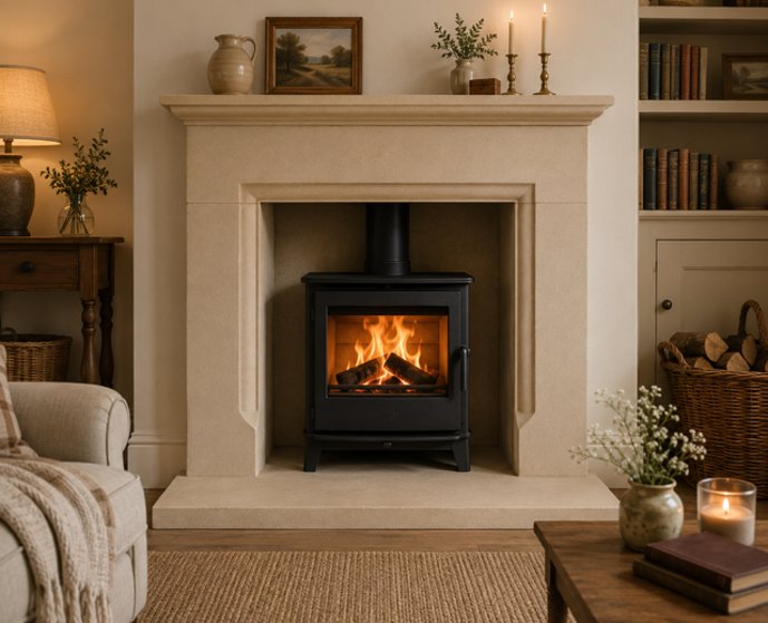 The Goathland Yorkshire sandstone fireplace with a bold rounded profile and a matching sandstone hearth