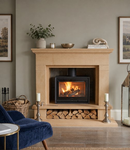 The Malham Yorkshire sandstone fireplace with a raised stove chamber, curved legs and an integrated log store