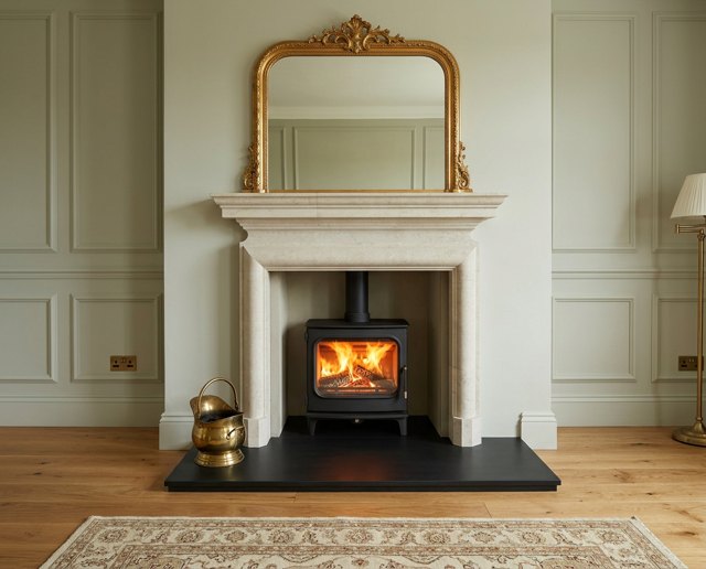 A bespoke natural limestone fireplace with Georgian proportions, a wood burning stove and a black granite hearth