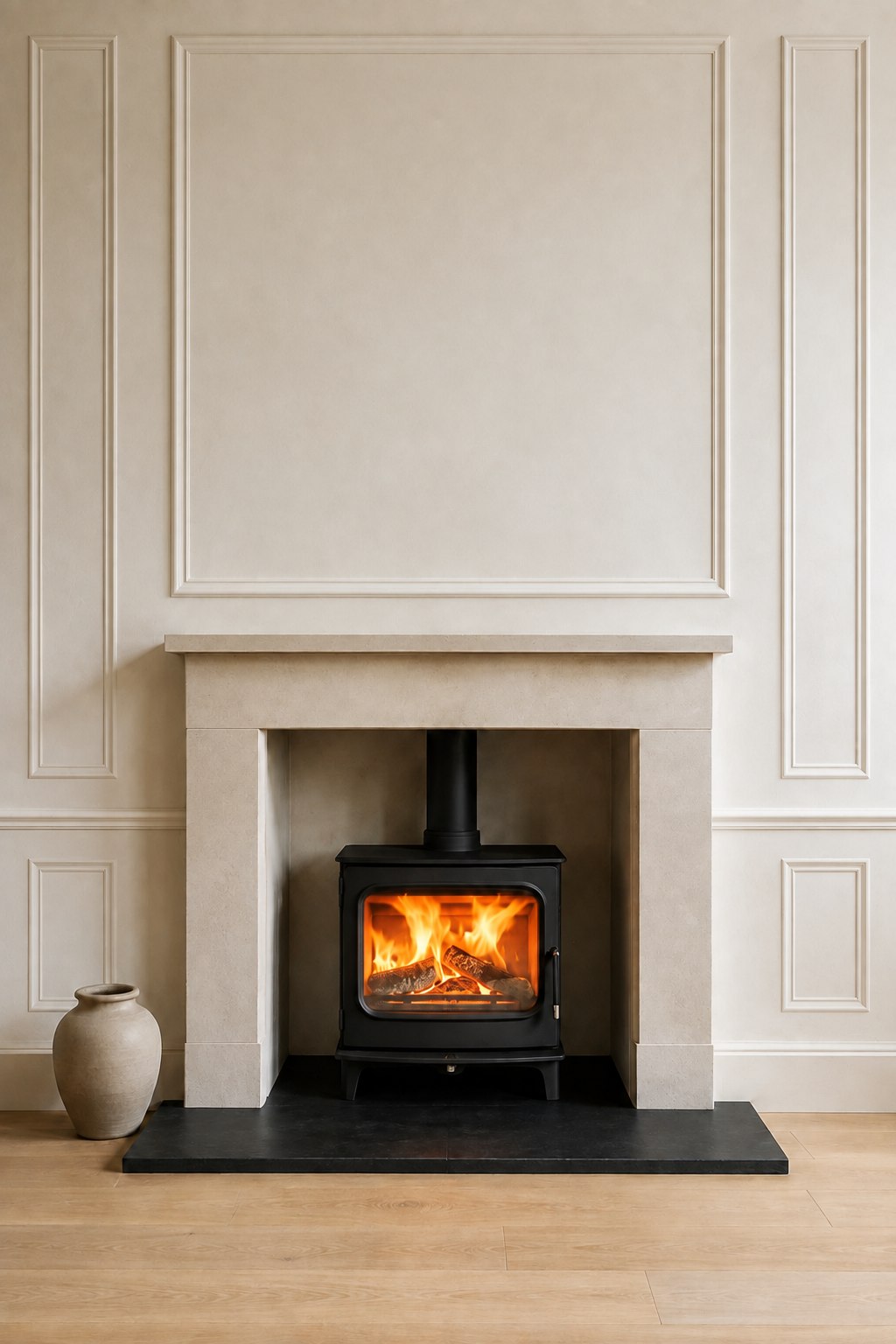 Illustrative Chimney Fire Safety Week 2026 wood burning stove in a simple limestone fireplace
