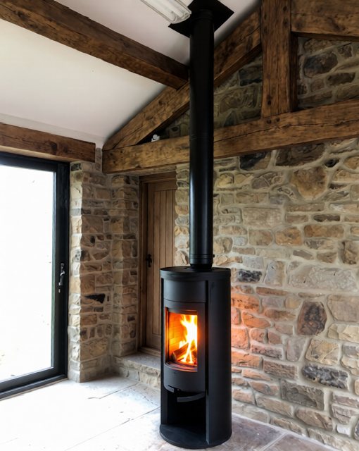 A Contura 620 wood burning stove against original barn stone in a conversion near Skipton