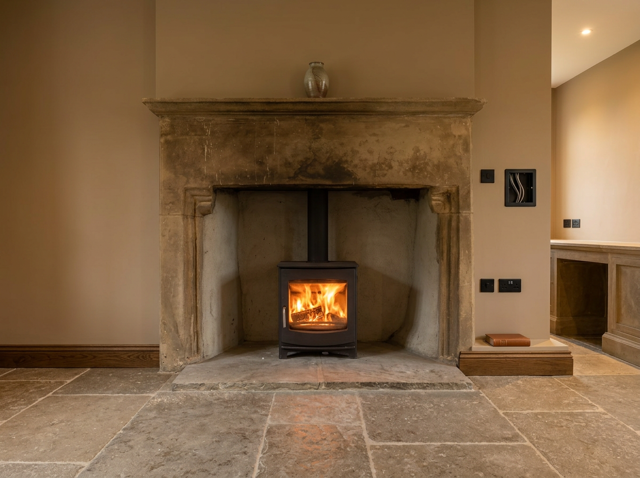 Dik Geurts Ivar 5 wood-burning stove in an existing stone fireplace in Pickering