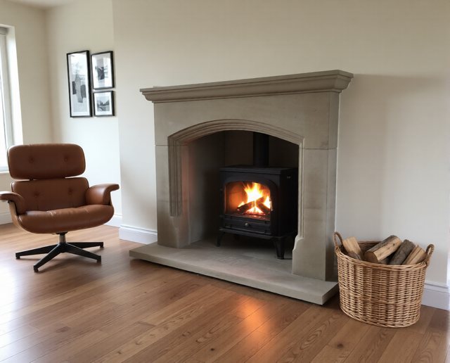 A bespoke gritstone fireplace surround with a curved header and an arched-door multifuel stove in Knaresborough