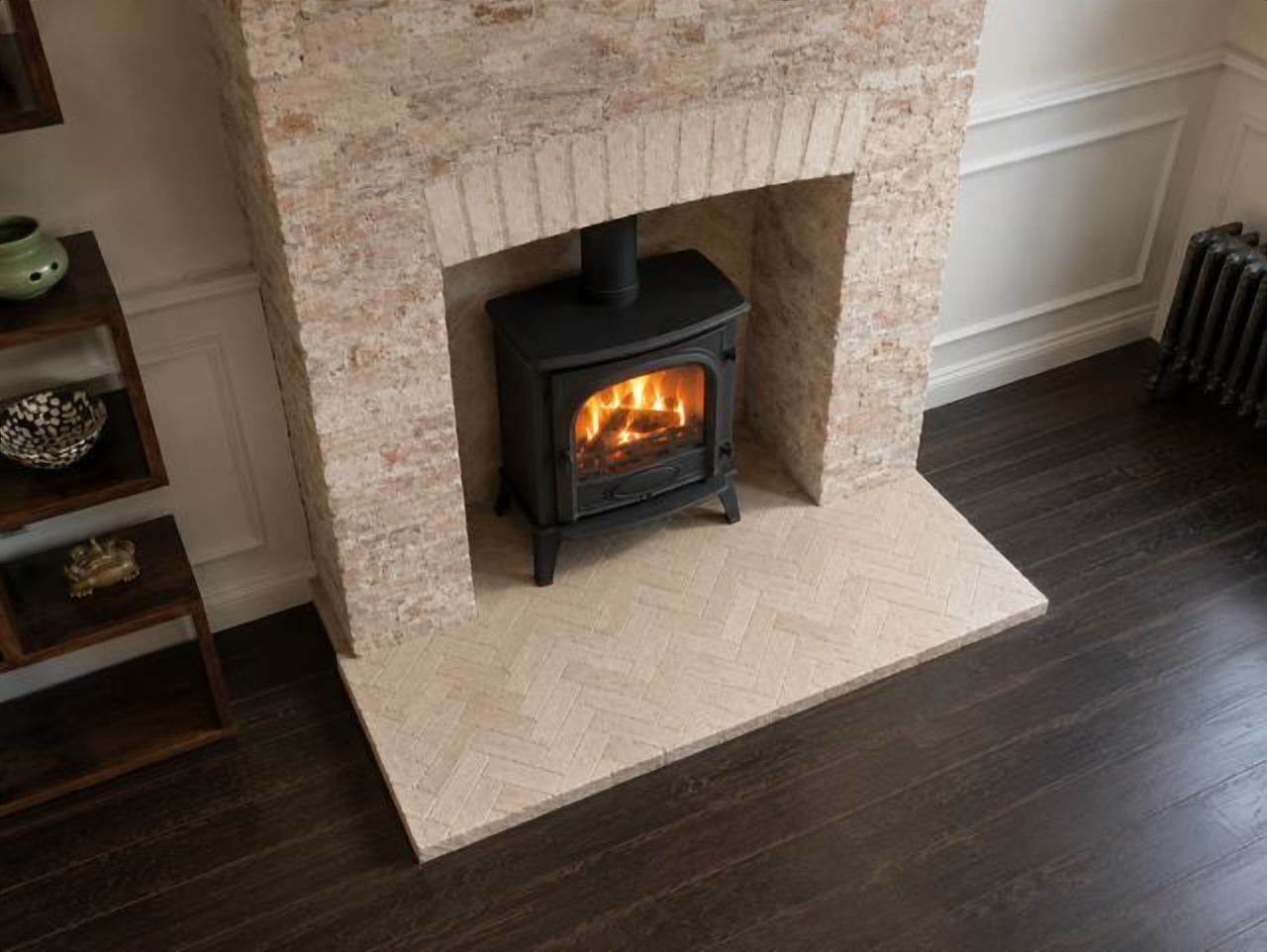 The herringbone brick hearth, professionally laid