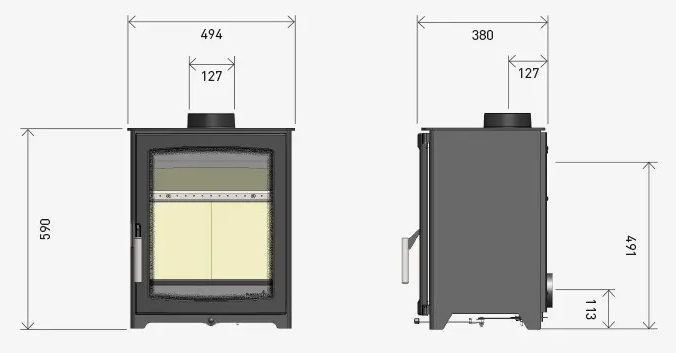 Parkray Aspect 5 dimension drawing showing 494mm width, 380mm depth and 590mm height