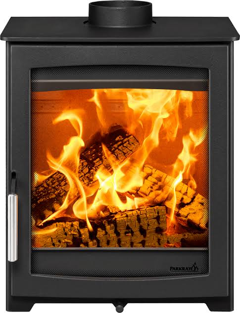 Front view of the lit Parkray Aspect 5 woodburning stove with Parkray branding visible