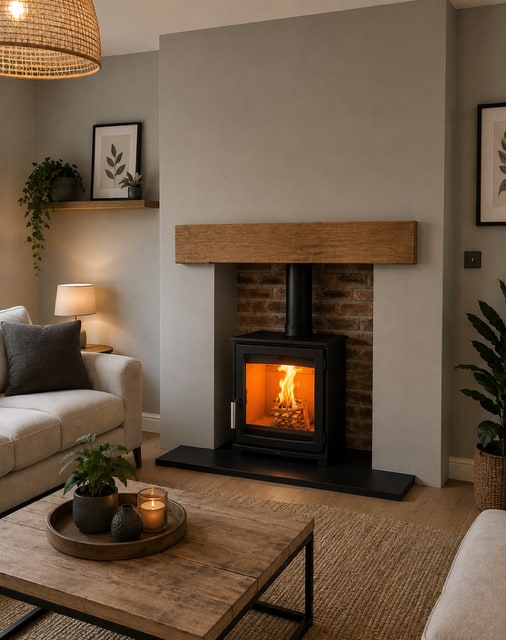 Parkray Aspect 5 woodburning stove on a raised dark slate hearth with a rustic brick chamber and oak fascia beam in Selby