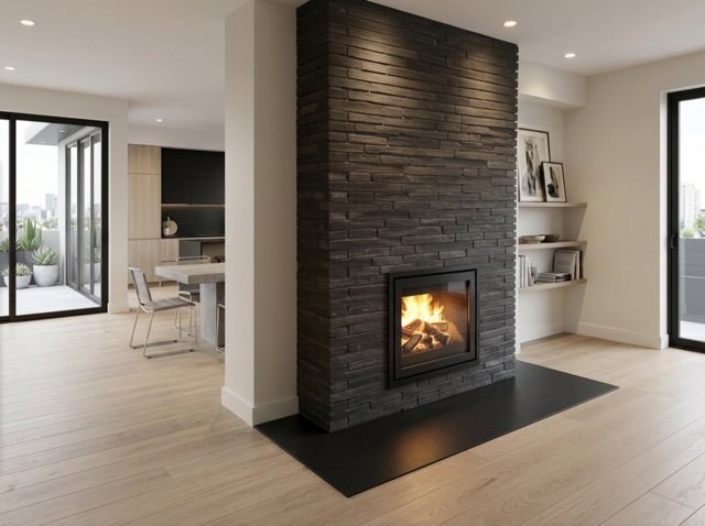 Dik Geurts Prostyle Tunnel double-sided wood burning fire set through the chimney breast of a refurbished home in Adel, Leeds