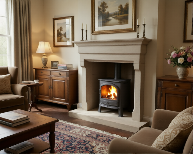 Slaidburn honed sandstone fireplace reproduced for a Scarborough home