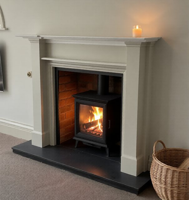 A Stovax Sheraton 5 wood burning stove in a painted timber surround with a brick chamber in Tadcaster