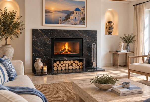 Completed Cosmic Gold granite fireplace with a Stovax Studio 1 cassette and log store in a Leeds home