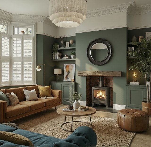 A wood burning stove in a brick chamber with an oak beam, in a styled Yorkshire living room
