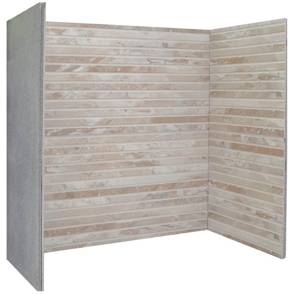 Linear Beige porcelain stove chamber with cream slatted porcelain panels