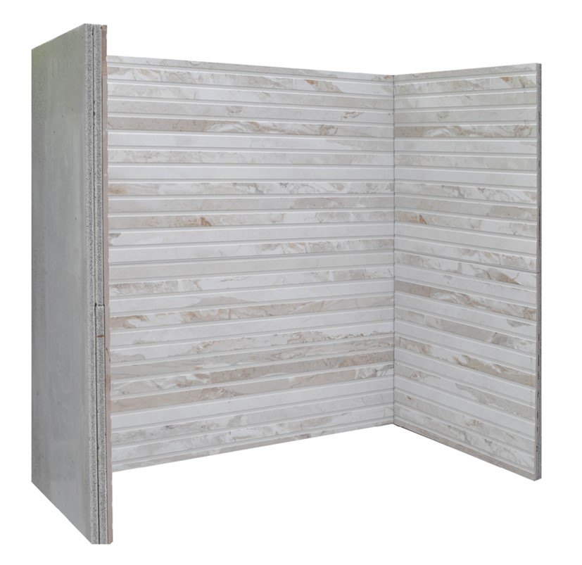 Linear Light porcelain stove chamber with horizontal slatted porcelain panels