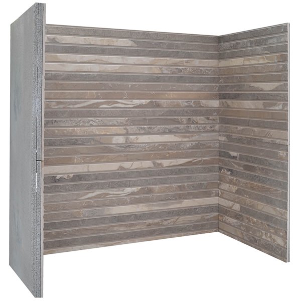 Linear Mocha porcelain stove chamber with warm taupe horizontal panels