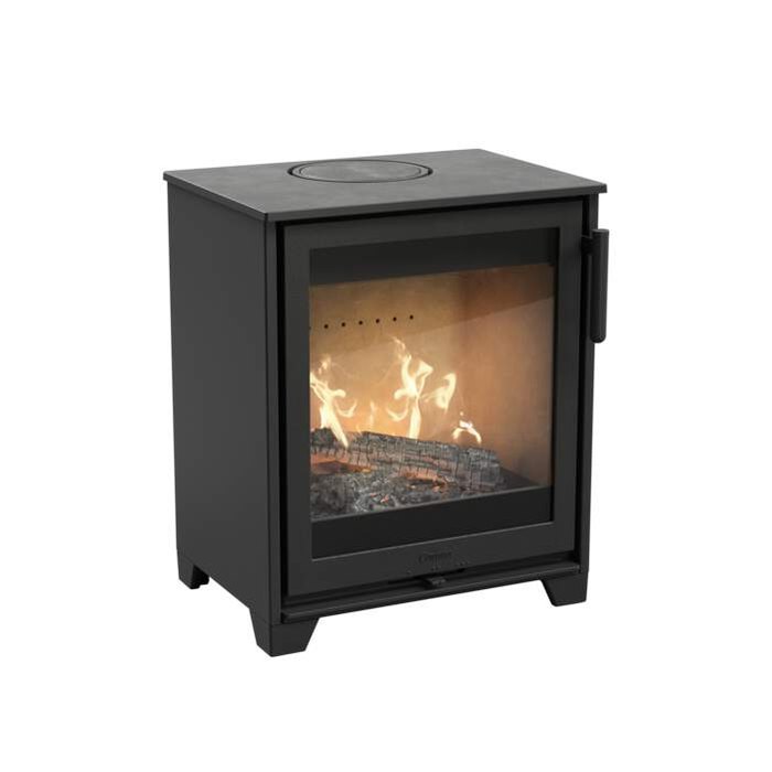 The Contura 210 wood burning stove shown with the Beadlam fireplace