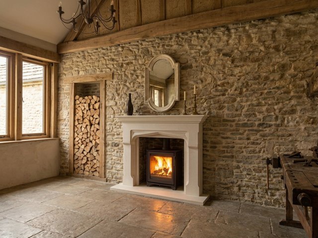 The Beadlam natural Scala limestone fireplace with Georgian stepped detailing and a matching limestone hearth