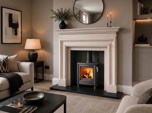 The Coxwold Bolection natural Scala limestone fireplace with granite hearth and Contura 51L stove