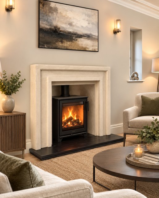 The Madison natural Scala limestone fireplace with a carved recessed front and matt black granite hearth