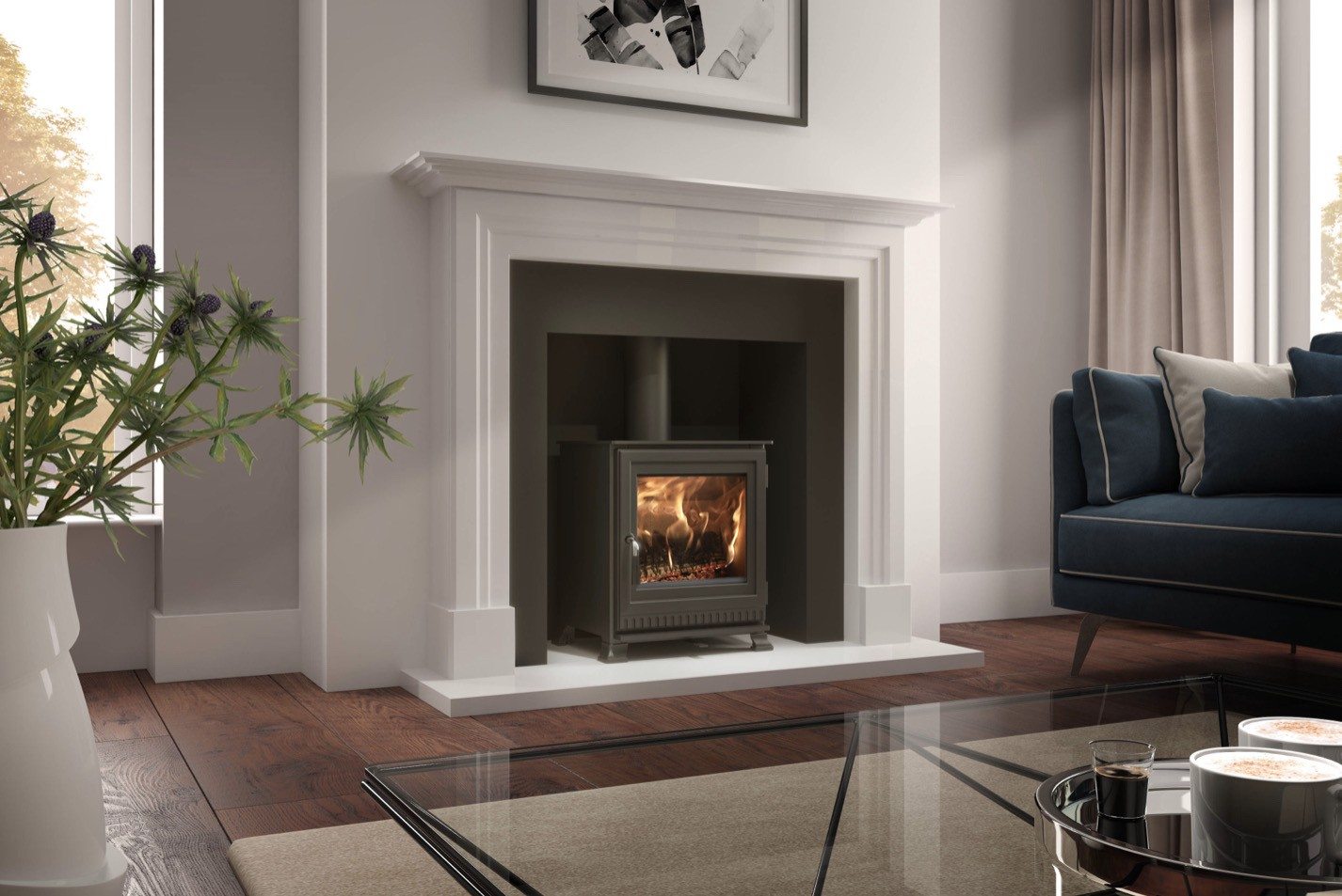 The Deco Step Back Ziggurat limestone fireplace in natural Scala limestone