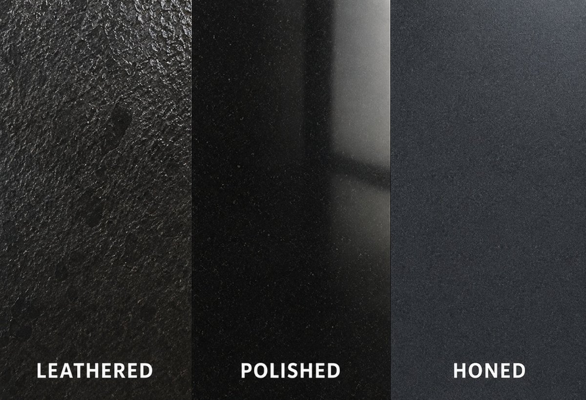 Comparison of leathered, polished and honed black granite finishes
