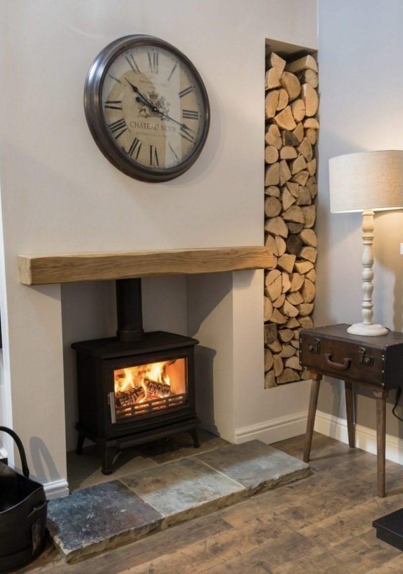 A five piece reclaimed Yorkstone flag hearth beneath a wood burning stove