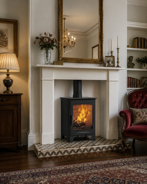 A wood burning stove in a natural limestone surround with a Harrogate mosaic tiled hearth