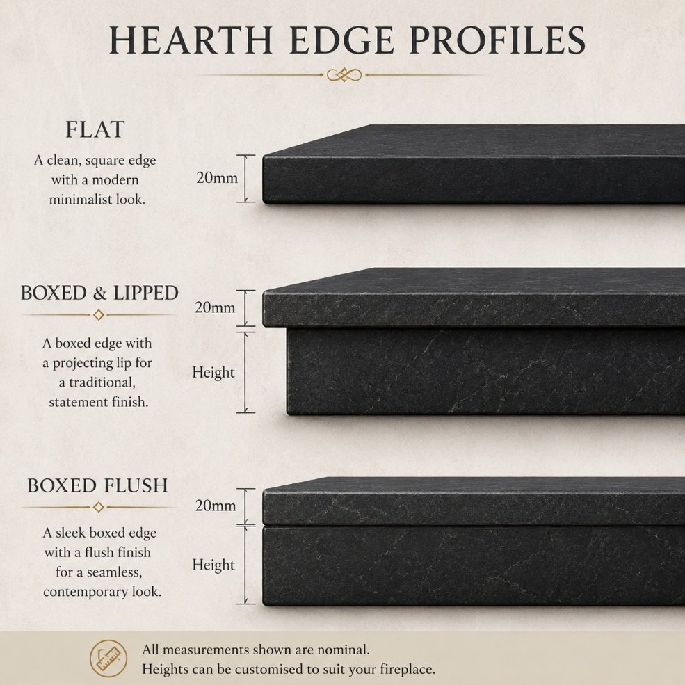 Diagram of hearth edge profiles: flat, boxed and lipped, and boxed flush