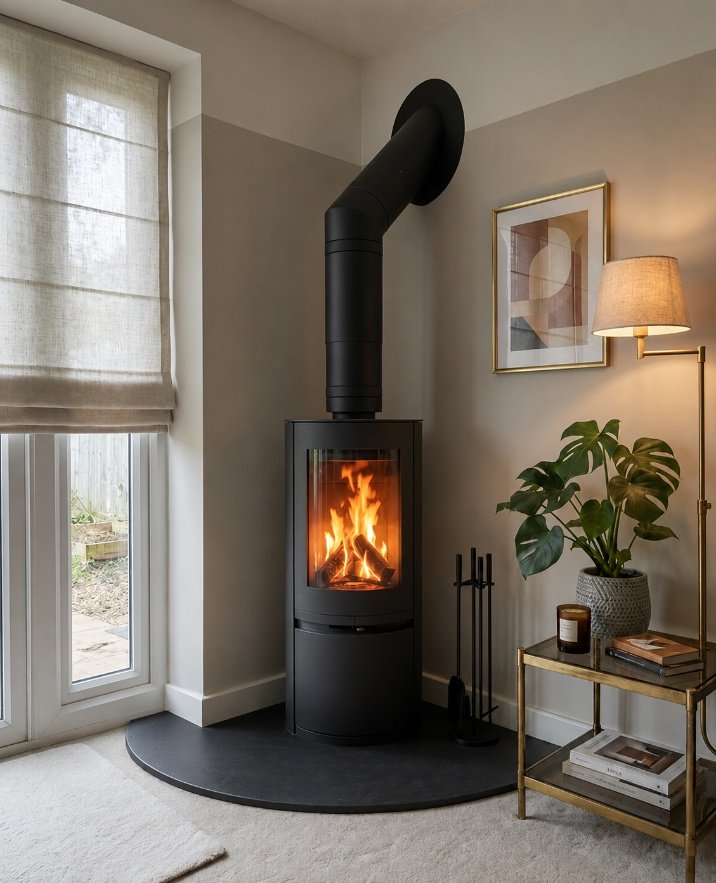 The finished bespoke corner hearth fitted around a freestanding stove