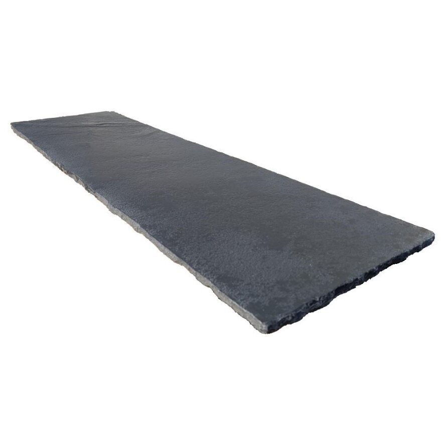 An Old Mill aged black limestone hearth in deep charcoal tones