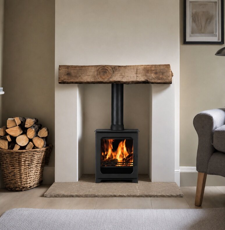 A wood burning stove on an Old Mill aged olive limestone hearth