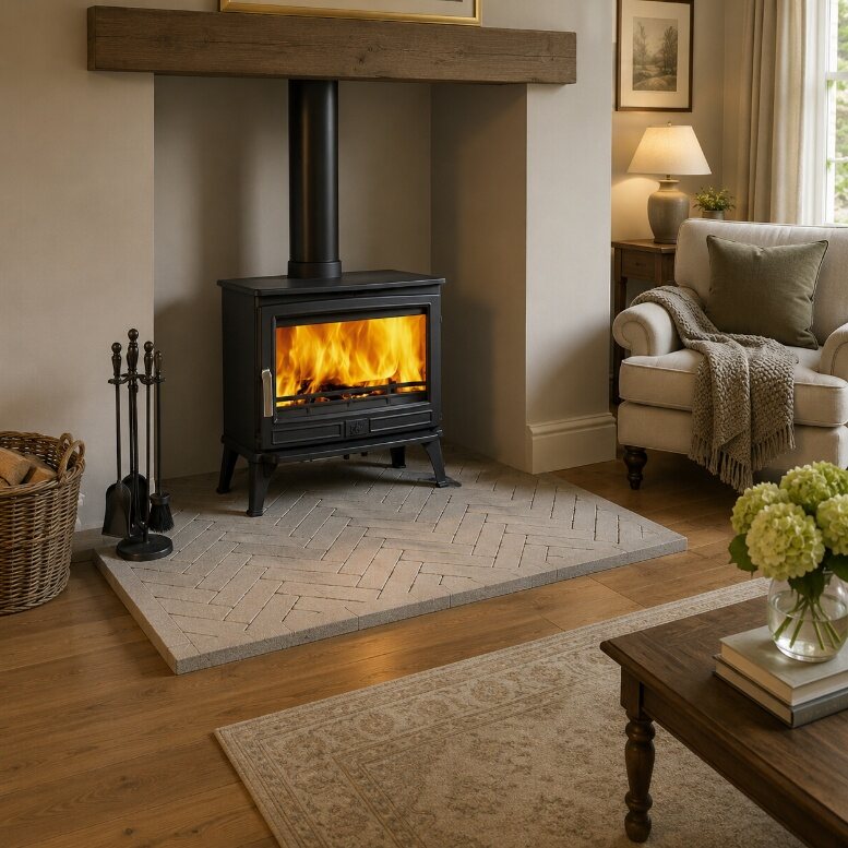A wood burning stove on an olive limestone herringbone hearth with an oak beam