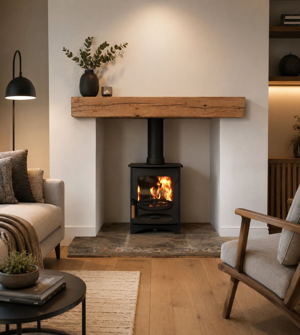 A wood burning stove on a reclaimed Yorkstone flag hearth with an oak beam