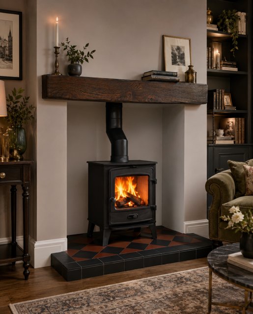Rustic red and black quarry tiled hearth fitted with a stove in York