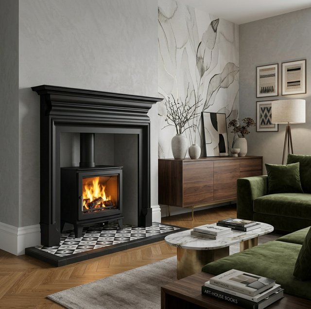 Bespoke geometric black and white tiled hearth with a stove and cast iron fireplace near Monk Fryston