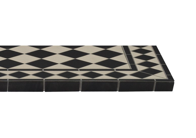 Traditional Victorian pattern tiled hearth with black and white decorative tiles