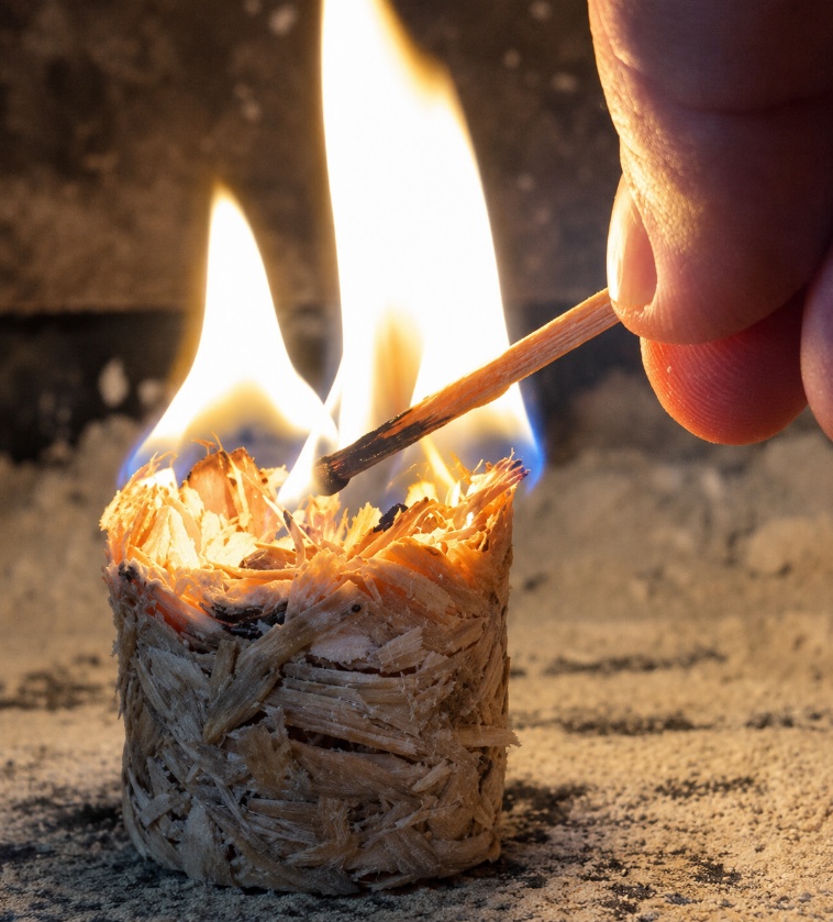 A match lighting a wood firelighter