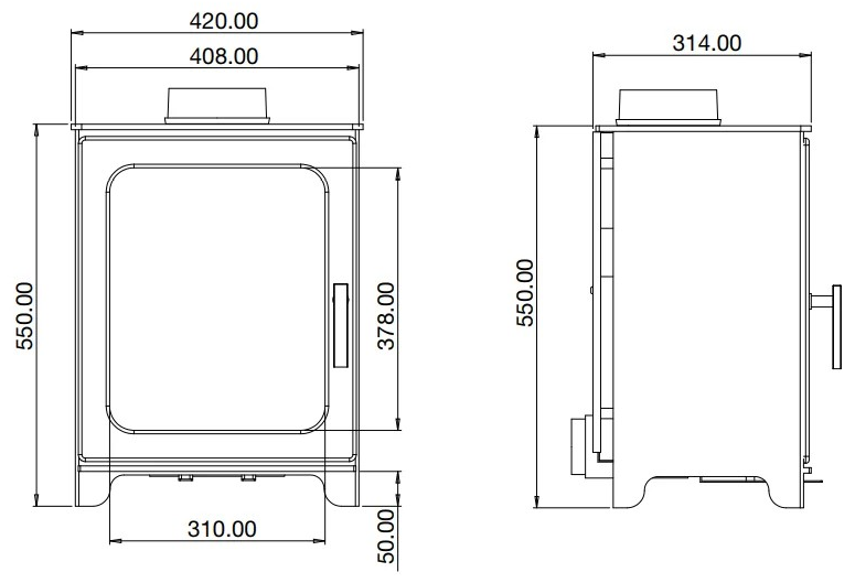 WP5 technical drawing showing 550mm height, 420mm width and 314mm depth