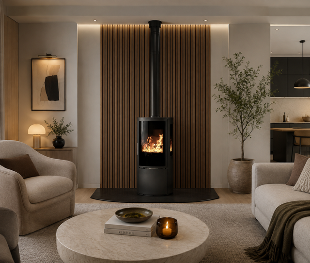 ACR Neo XC woodburning stove with three-sided glass and cupboard base in a living room