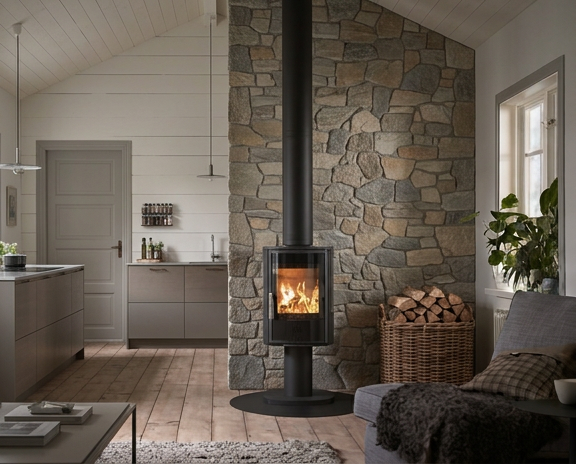 ACR Neo XP woodburning stove with three-sided glass on a pedestal base in a living room