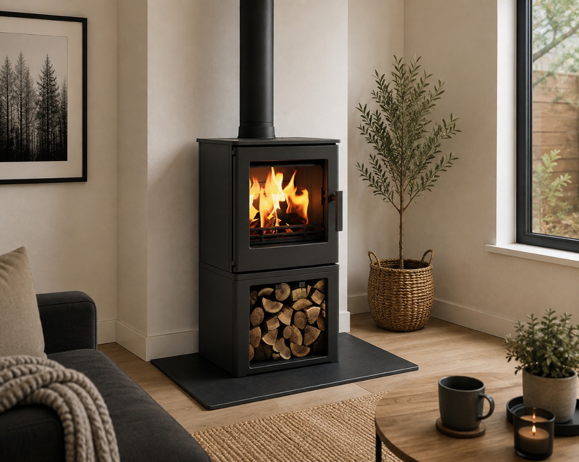 ACR Woodpecker WP4 LS wood burning stove with log store in a living room