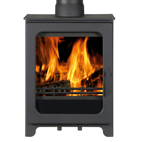 ACR Woodpecker WP5 multifuel stove shown lit against a white background