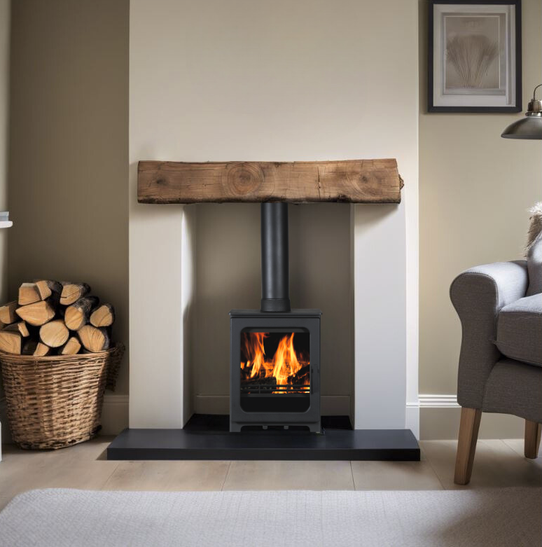 ACR Woodpecker WP5 multifuel stove lit in a contemporary fireplace with an oak beam