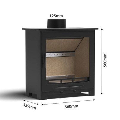 CF3 Woodburning Stove dimensions: 560mm high, 520mm wide, 359mm deep, 125mm outlet
