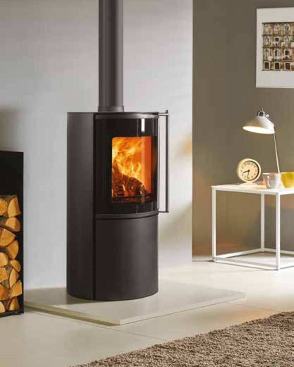 A fireplace and hearth built to frame a wood burning stove