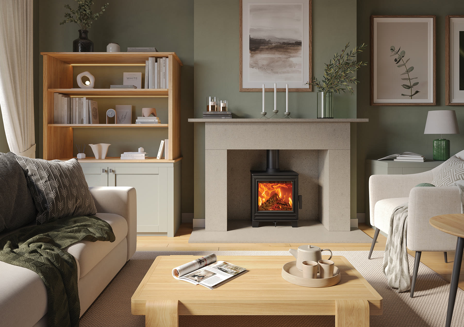 A Fire FX Eton woodburning stove set into a fireplace surround in a styled Yorkshire living room