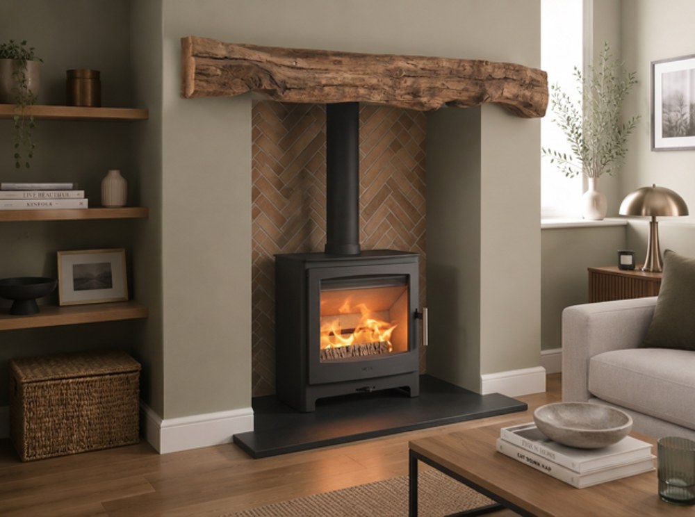 Heta Ambition 5 wood burning stove in a herringbone brick chamber beneath a reclaimed oak beam