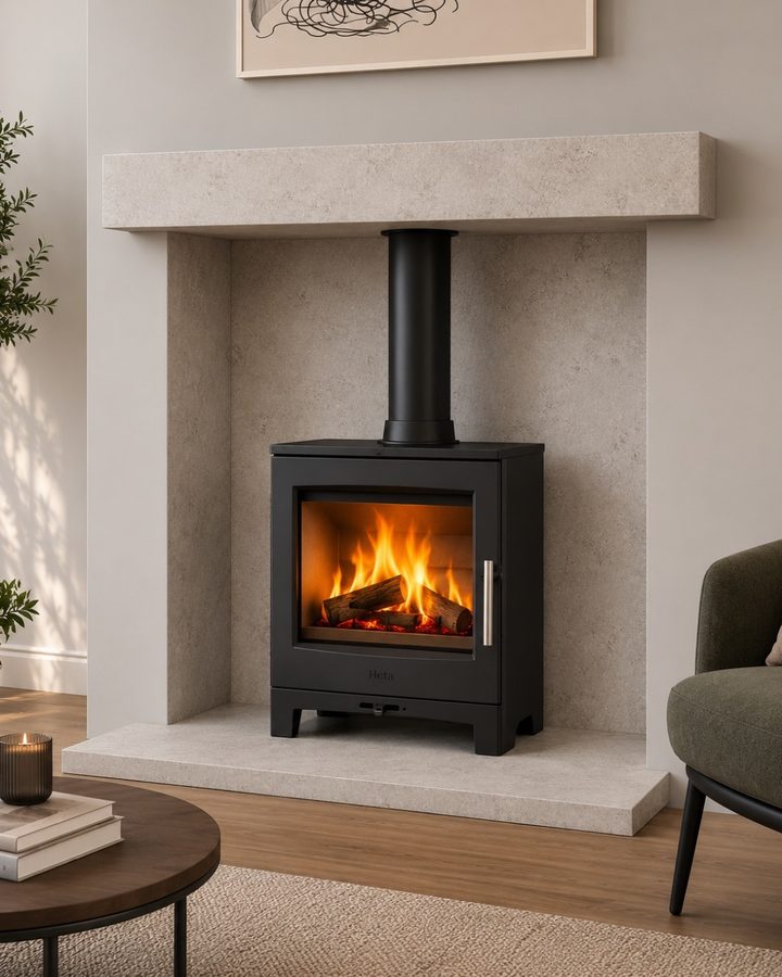 Heta Ambition 8 wood burning stove in a porcelain chamber with a matching porcelain hearth